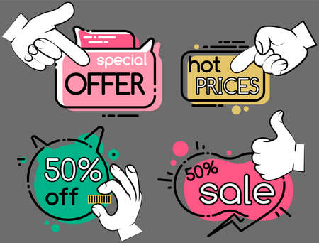 Set of big sale banners. Discount poster template. Hpt price special offer. End of season special proposition banner vector flat style. Best price advertising poster with different hand gesturesのイラスト素材