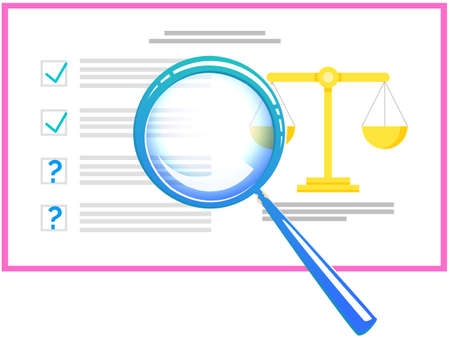 Task list with magnifier, scales vector elements. Business flat icons symbol, check list, plan with tasks. Scheduling, weighing importance of tasks, work plan creation, strategy planning conceptのイラスト素材