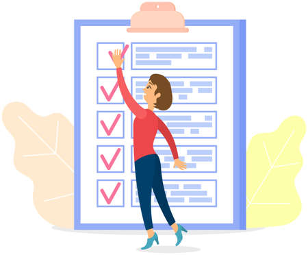 Month scheduling, to do list, time management concept. Woman stands near to do plan and planning schedule. Plan fulfilled, task completed, timetable sheet. Lady works with check list planningのイラスト素材