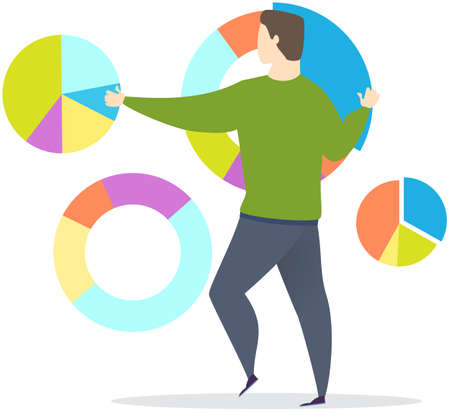 Man examining various gears while working. Setting options, maintenance, repair, fixing concept. Male character works with development settings. Employee fixing gears isolated on white backgroundのイラスト素材