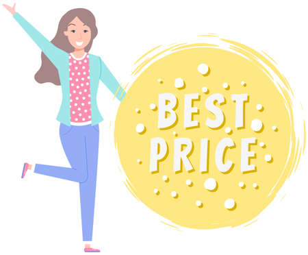 Woman standing near hot sale in online store icon. Discounts, marketing, sale of goods on Internet. Online shopping, trade, selling, distribution concept. Sale advertisement, announcement of discountのイラスト素材