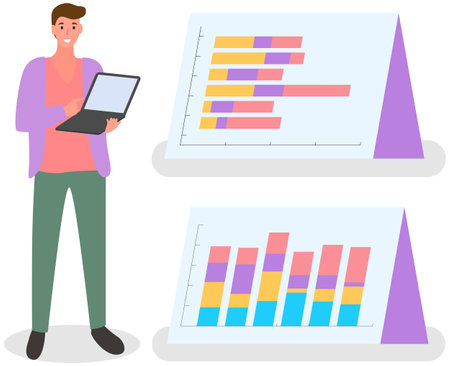 Investment growth with digital technology. Businessman sitting is working on laptop. Accumulating and collecting money. Savings, rich and wealth concept. Man with computer exaggerates profitのイラスト素材