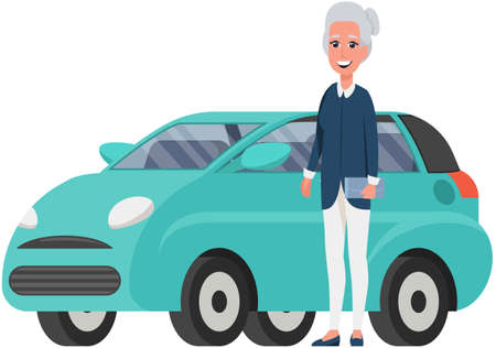 Senior woman in cardigan and with clutch. Elderly female character with gray hair stands next to her personal transport. Pensioner, retired lady with handbag in her hand near small car for womenのイラスト素材