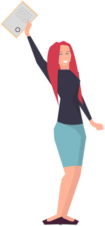 Businesswoman or clerk standing with diploma in hand. Woman wins award, victory in competition. Business planning and development for success. Lady holds diploma as symbol of victory in businessのイラスト素材