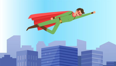 Brave superhero save world and flies over buildings in city. Strong hero in colored suit protects people from villains. Hero has superpowers and defends justice against background of blue skyのイラスト素材