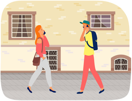 People walking and communicating with phones. Young woman surfs internet and talking with friend outdoor. Concept of using Internet and modern digital gadgets. Couple spend time with smartphonesのイラスト素材