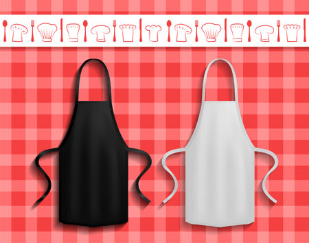 Black and white aprons near cooking symbols. Clothes for work in kitchen, protective element of clothing for cooking. Chef clothing with long straps. Aprons next to icons of kitchen utensil, toqueのイラスト素材