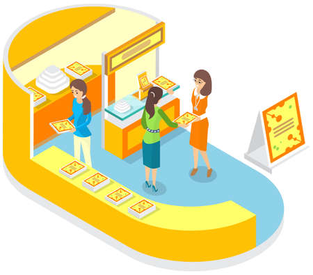 People at exhibition, presentation of new product. Isometric composition with women watching presentation near promotion stand and promoter. Exhibition with product catalogs, books, magazinesのイラスト素材