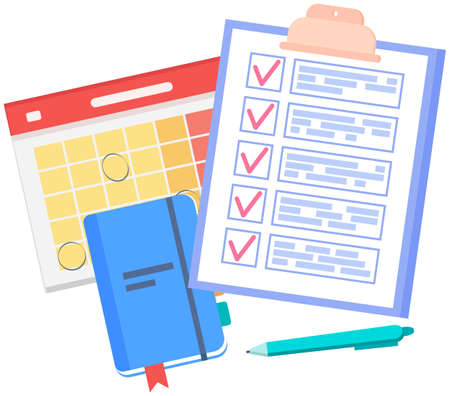 Clipboard with checklist with red tick marks near notebook, calendar. Check list, to do plan, questionnaire concept. Check sheet, scheduling timetable, planning, time management, task completedのイラスト素材