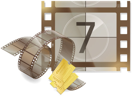 Movie time banner with cinema movie and photography 35 mm shining film strip template in vintage style. Cinema strip isolated icon with recorded film on tape, cinematography retro photo rollのイラスト素材