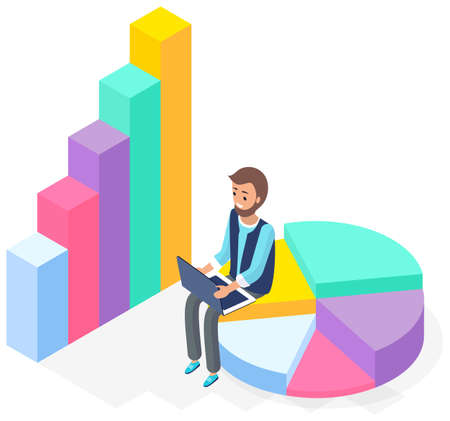 Businessman analyzes statistical indicators, data analysis. Man with laptop studies infographics. Business analytics data accounting. Statistical business report in form of pie and bar chartsのイラスト素材