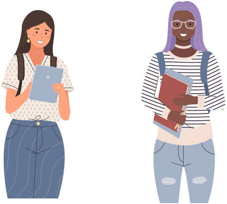 Happy multinational school pupils or college students standing with books. Portrait of smiling people with backpacks. Diverse college, female university students, multicultural women studyingのイラスト素材