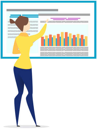Woman analysing statistics, diagrams on poster. Businesswoman looking at financial report with statistical indicators. Girl works with results of data analysis, business research presentationのイラスト素材