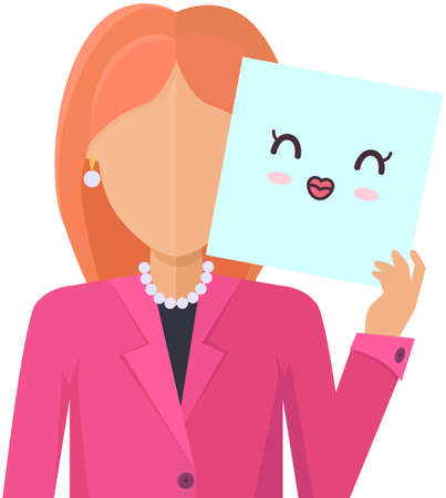 Fashionable woman holding picture of cute kawaii face. Manga style eyes and mouths. Funny japanese facial expression. Eastern kawaii anime culture elements. Lady shows emotion of kiss on paperのイラスト素材