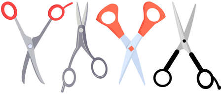Various shapes scissors set. Tool made of blades and plastic handles. Equipment for creativity, cutting materials. Iron scissors with colorful handles isolated on white. Sharp cutting tool, clippersのイラスト素材