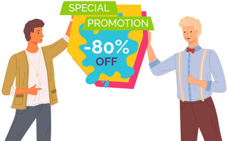 Promotional banner with young men standing near inscription. Advertisement of discount poster template. Big sale special offer vector icon. Male characters advertising special proposition bannerのイラスト素材