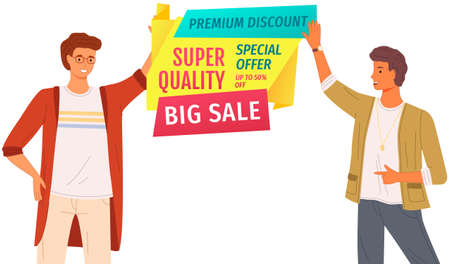 Best sale and premium goods choice. Promotional banner with young people standing near inscription. Advertisement of discount poster template. Couple advertising special goods, best choice bannerのイラスト素材