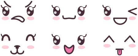 Kawaii cute faces on colorful backgrounds set. Manga style eyes and mouths. Funny cartoon japanese emotion in different face expressions. Anime characters and emotions. Eastern kawaii culture designのイラスト素材