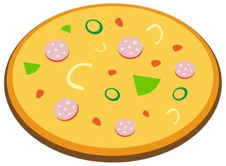 Italian meal with tomato, sausage, onion and mushrooms. Fresh pizza with baked crust and ingredients. Ready-made Italian dish with different fillings. Vegetable and meat ingredients on pizzaのイラスト素材