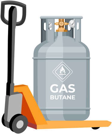 Gas cylinder, canister with fuel, storage. Balloon with flammable sign on transportation equipment. Metal tank with liquefied compressed butane. Pressurized gas cylinder on stacker, forkliftのイラスト素材