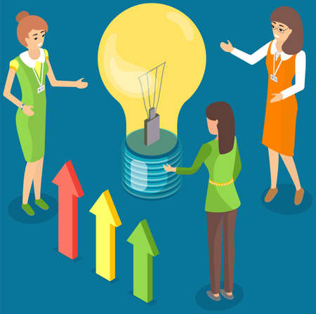 Isometric light bulb as symbol of new creative idea. People working on development of business plan. Planning startup, successful strategy concept. Women discussing new project, develop ideaのイラスト素材