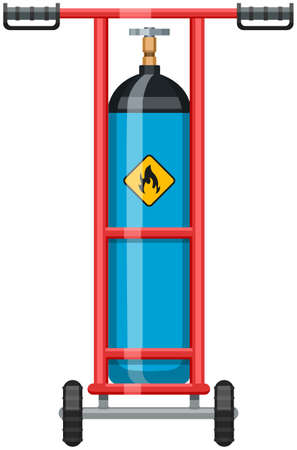 Transportation of gas cylinder, canister with fuel. Metal tank with liquefied compressed petroleum, propane on cart with wheels. Pressurized gas cylinder, storage with tap for substance releaseのイラスト素材
