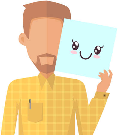 Bearded man holding picture of cute kawaii happy face. Manga style eyes and mouths. Funny japanese...
