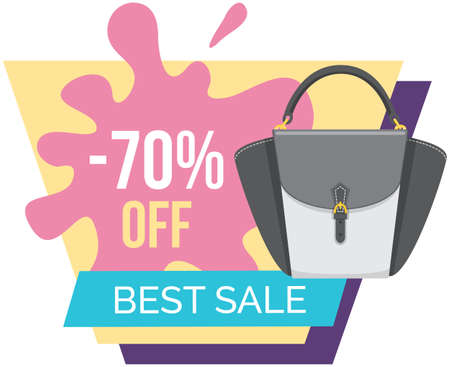 Sale poster with womens bag. Discount, special offers promotion, shopping advertisement. Hand drawn style vector design illustration shop now concept, black friday marketing advertising templateのイラスト素材