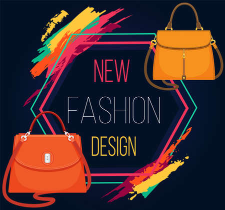 Womens bags new fashion design vector banner on black background, poster with stylish handbag. Shop now banner with girls handbag. Elegant ladies bright leather bag, female accessories with handlesのイラスト素材