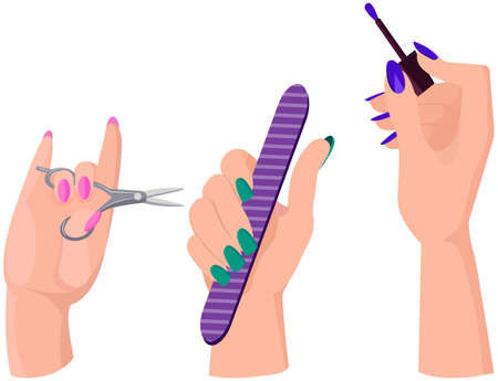 Various accessories and tools for working with hands. Scissors, nail file, nail polish in woman hands. Hand care products, manicure supplies. Manicure master equipment set vector illustrationのイラスト素材