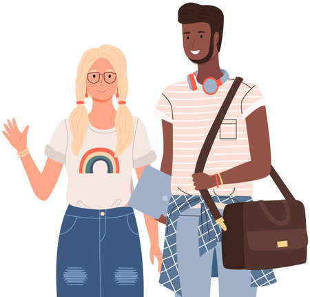 Happy school pupils or college students standing with books. Portrait of smiling people with backpacks. Diverse college, university students, schoolgirl and schoolboy with notebook and laptop studyingのイラスト素材