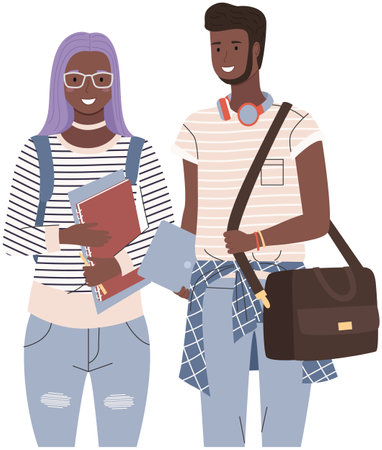 Back to school, study, learning, knowledge and education concept. Diverse college, university students from Africa. Young people, multicultural man and woman. Multinational couple of studentsのイラスト素材