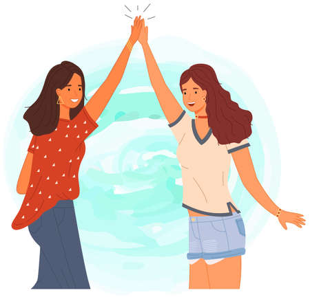 Two people giving high five, standing happily with hands together. Smiling women greeting each other. Female characters give five and rejoice. Happy girls during greeting isolated on white backgroundのイラスト素材