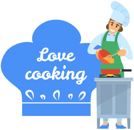 Kitchen emblem, food studio label. Chef conducts culinary class about cooking. Hand drawn lettering for premium cooking masterclass. Woman preparing dish, working with kitchen equipment, cooking timeのイラスト素材