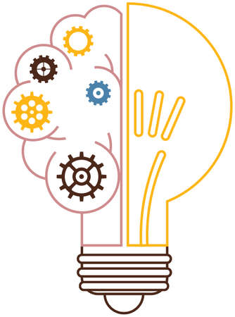 Light bulb and gears idea icon on white background. Creative idea and inspiration concept. New business idea, development of mental mindset, imagination. Light bulb outline as startup symbolのイラスト素材