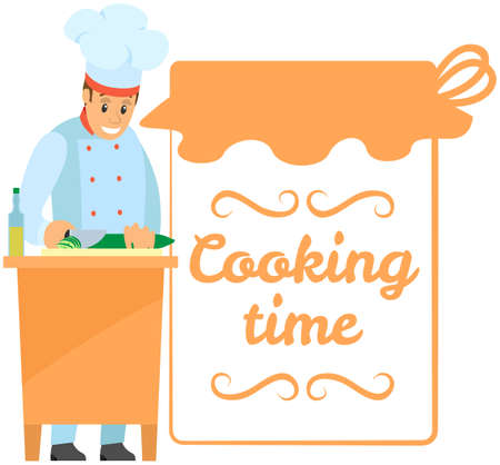 Kitchen emblem, food studio label. Chef conducts culinary class about cooking. Hand drawn lettering for premium cooking masterclass. Man preparing dish, working with kitchen equipment, cooking timeのイラスト素材