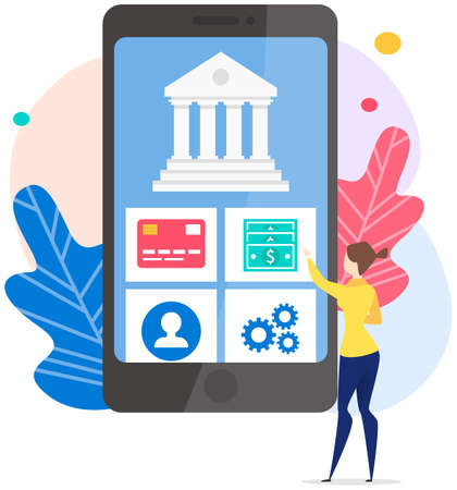 Business application on phone screen. Woman uses program for online banking, payment and operations with money. Lady pays with smartphone app for contactless transactions and transfer of fundsのイラスト素材