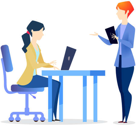 Women cooperating, discussing business work together. Businesswomen surfing internet, working. Team of female managers communicating at workplace. Colleagues planning project strategy developmentのイラスト素材