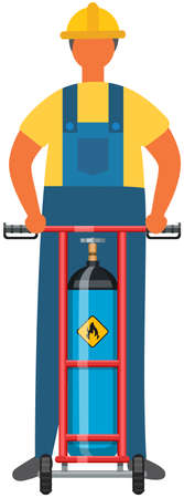 Man holding device for transportation of gas cylinder, canister with fuel. Worker near metal tank with liquefied compressed petroleum, propane on cart with wheels. Person holds pessurized gas storageのイラスト素材