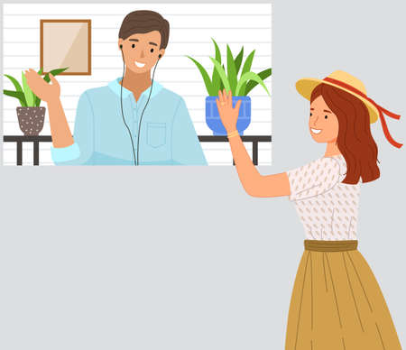 Male character gives five, stands with hand raised up. Man and woman greeting each other from distance. Happy couple during greeting isolated on white background. Guy waves his hand to girl in frameのイラスト素材