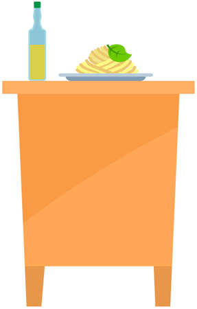 Cabinet with ready-made dish. Cooking surface, plate with food and bottle on kitchen furniture element. Serving pasta on wooden stand. Kitchen interior element with meal isolated on white backgroundのイラスト素材