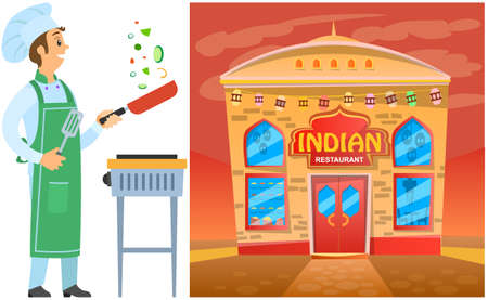 Man prepares dish, mixes, fries products for meal. Cook works with kitchen equipment to prepare food. Design for Indian restaurant building. Chef cooking dish of Indian cuisine for cafe menuのイラスト素材