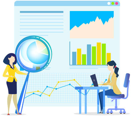 Businesswoman enlarges documents using magnifier. Idea of search for data and analysis. Lady stands with huge magnifying glass. Search for solution, business strategy, idea of new project conceptのイラスト素材