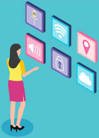 Girl looks at icons of applications of smartphone. Social networks, media, phone programs vector illustration. Messenger, cloud storage, blocking, audio recording apps. Woman studying softwareのイラスト素材