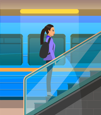 Architecture stair, lift and elevator in metro. Escalator, mobile ladder for transporting passengers. Transport vehicle with stairs and handrails. Woman move on automatic escalator in subwayのイラスト素材