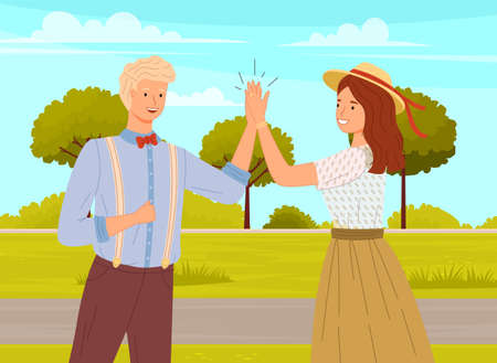 Two people giving high five, standing with hands together. Man and woman in casual clothes greeting each other. Characters give five and rejoice. Happy couple during greeting vector illustrationのイラスト素材