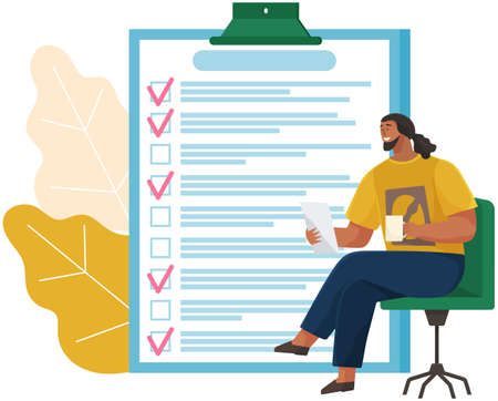 Month scheduling, to do list, time management. Businessman stands near checklist and planning. Plan fulfilled, task completed, timetable on paper sheet. Check list plan, schedule creation conceptのイラスト素材