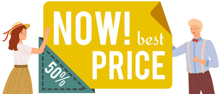 Young people standing near promotional banner. Advertisement of fifty percent discount poster...