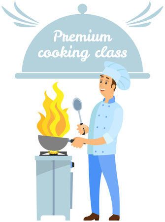 Kitchen emblem, food studio label. Chef conducts culinary class about cooking. Hand drawn lettering for premium cooking masterclass. Man preparing dish on fire, working with kitchen equipment, fryingのイラスト素材