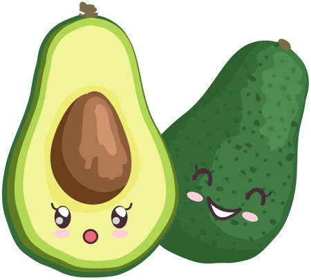 Cute avocado sticker kawaii icon vector design. Adorable cute charming personage evokes positive emotions, event or very pleasant situation, japanese culture symbol anime, innocence and childishnessのイラスト素材